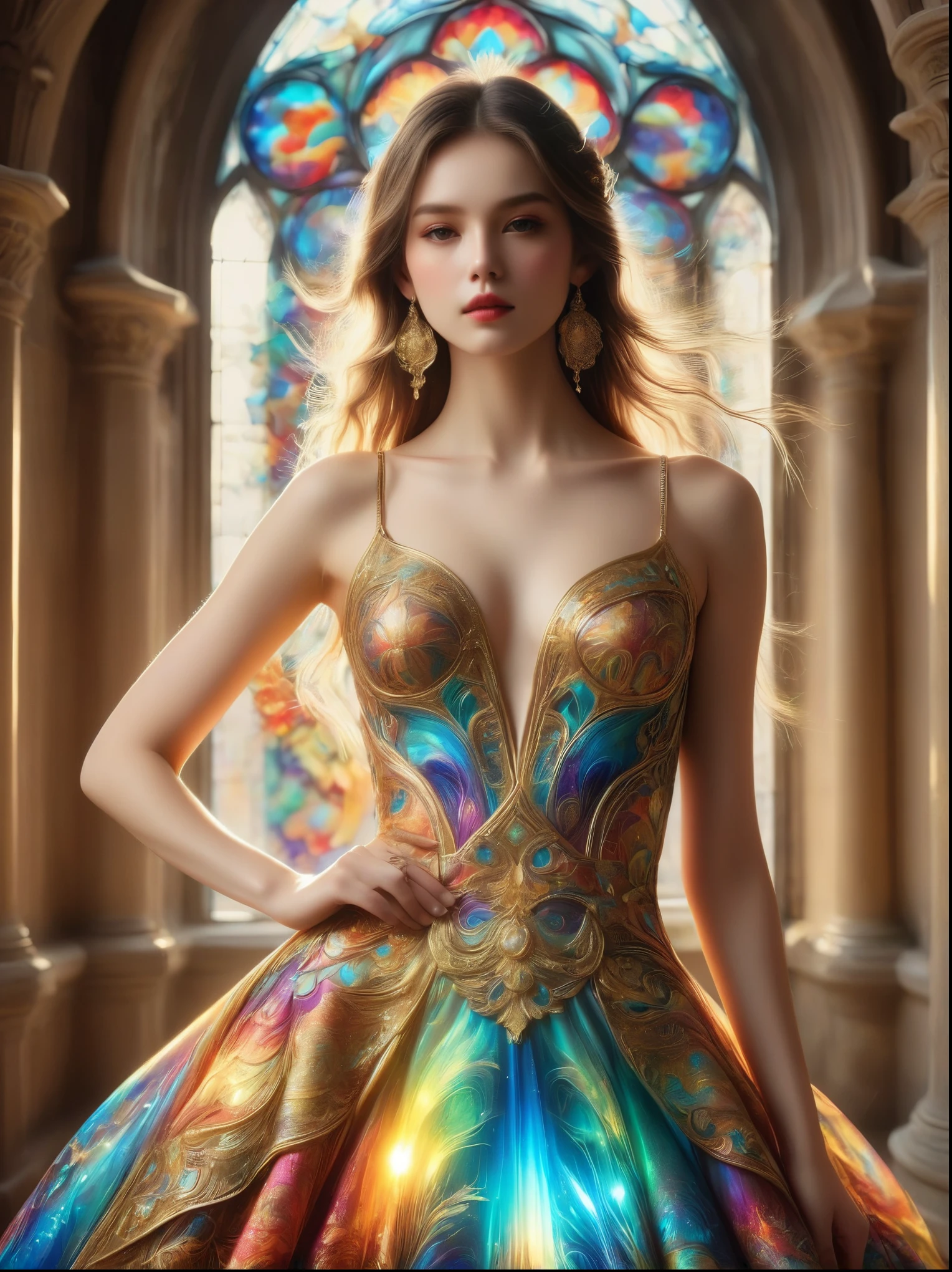 Una foto de un vestido exquisito.，Su diseño está influenciado por el arte del vidrio dorado con colores brillantes y ricos patrones..，Este vestido tiene un espectro de brillo.，La riqueza de las ventanas de la catedral、Tono dorado intenso。Esta fusión creativa de moda y arte.，Un caleidoscopio de colores dorados fluye sobre la tela.，Da a la gente una especie de luz que brilla a través del cristal dorado.。El vestido fue usado por un grupo diferente de modelos.，Cada modelo enfatiza la belleza y singularidad del vestido.。