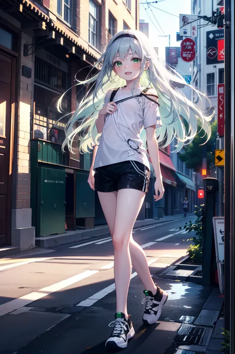 index, index, (Green Eyes:1.5), Silver Hair, Long Hair, (Flat Chest:1.2),happy smile, smile, Open your mouth,blush,hair band,Cor...