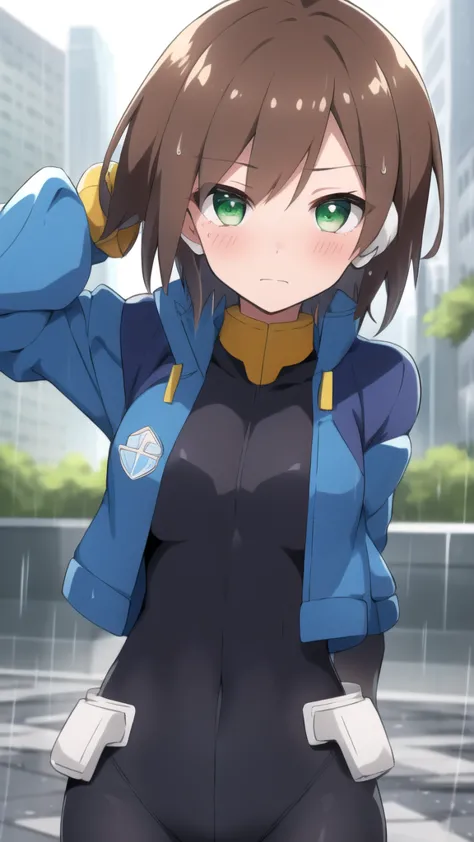 aile_megamanzx, 1 girl, looking at viewer, brown hair, green eyes ,city background , blushed, wet clothes , raining