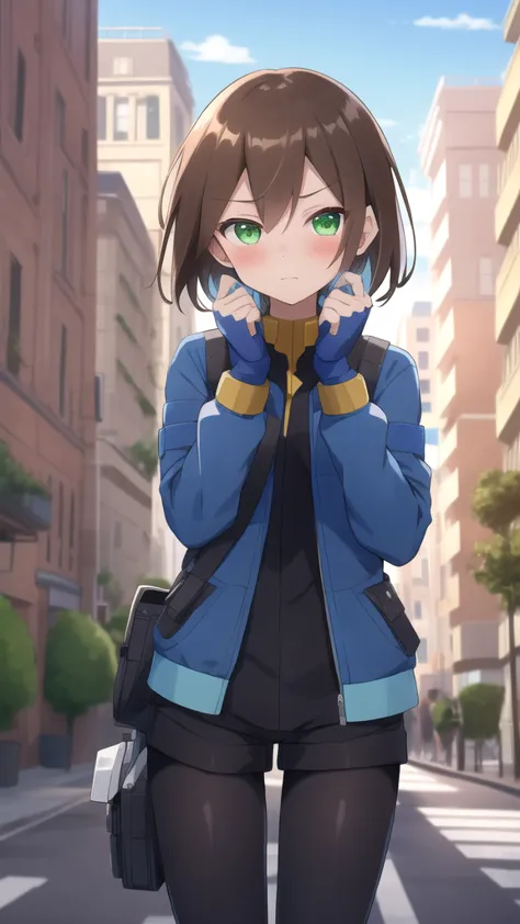 Aile_megamanzx, 1 girl, looking at viewer, Brown hair, green eyes ,City background , Blushed, ranch clothing, ak47 on hands 