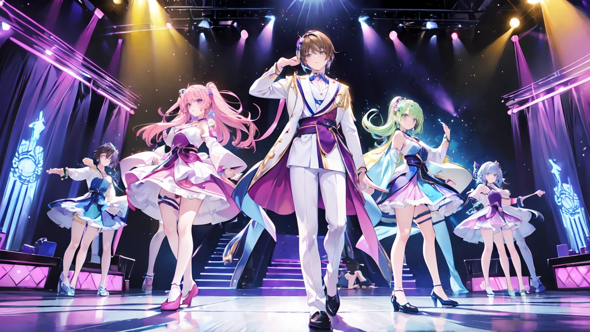 Japanese anime style. This is a large concert venue. There were 12 men who looked like princes on stage. Men are very tough. The men are wearing headset microphones and doing cool dance moves on stage. They are men around 30 years old. Men give the impression of being mature. The men are very cool, handsome and handsome. The man is wearing a white prince costume. The men are dressed in bright white costumes. Men wear a lot of sparkly accessories. Men's hair colors include brown, pink, magenta, light blue, green, blue, and purple. The men are very handsome.