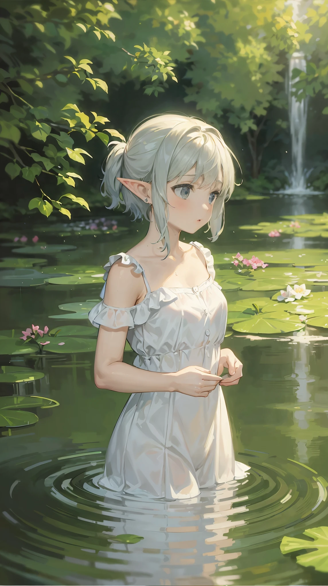 Claude Monet style, Impressionism, 1 Girl, Focus on upper body, (White camisole dress), 14 years old, whole body, Silver short hair, pond, wet, ((Curtsey)), Elf ears, nipple through, transparent