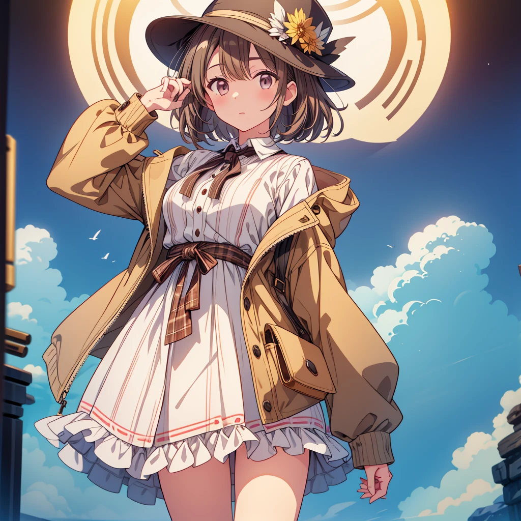 One girl、highest quality、VTuber - whole body、Milky white short hair、masterpiece、Official Art、The best configuration、Sherlock Holmes costumes、Brown and dark brown checked herringbone hat、A poncho with the same pattern as the hat、Brown spring coat、White shirt and shorts with the same pattern as the hat、magnifying glass、Detective、Pocket watch hanging around neck、Stand in front of the audience、Simple Background、