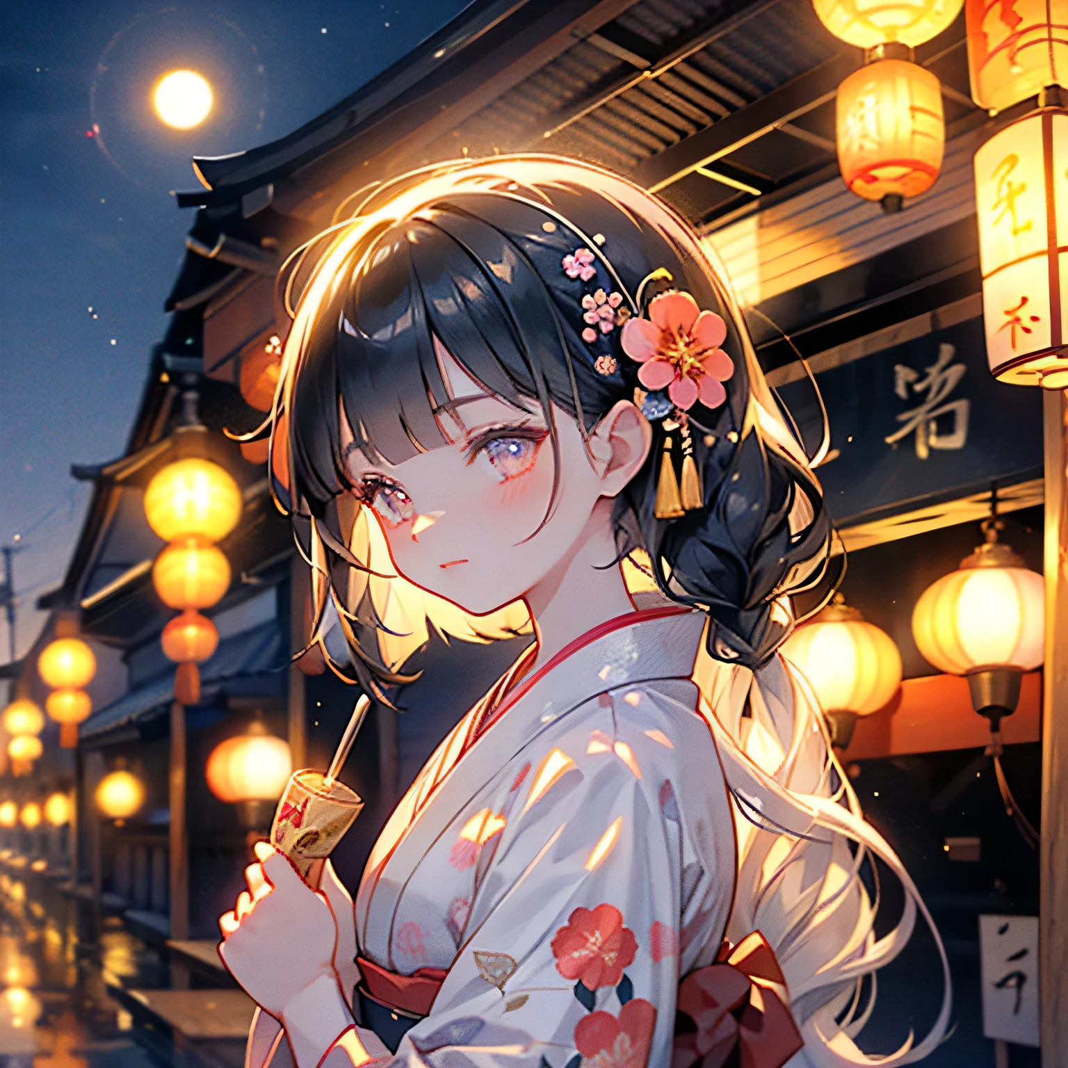 ♥(日本の美しい花柄の着物,yukata),((1人の女の子,かわいい,若い,セミロングの美しい黒髪,鈍い前髪,双子の物語,美しい目)),(一人で),((傑作, 最高解像度,最高品質)), (美しいイラスト),(日本の美しい花柄の着物,yukata), (視聴者を見て), 無邪気な笑顔,映画照明,日本の祭り,ストール,花火,夜空,満月,流れ星,