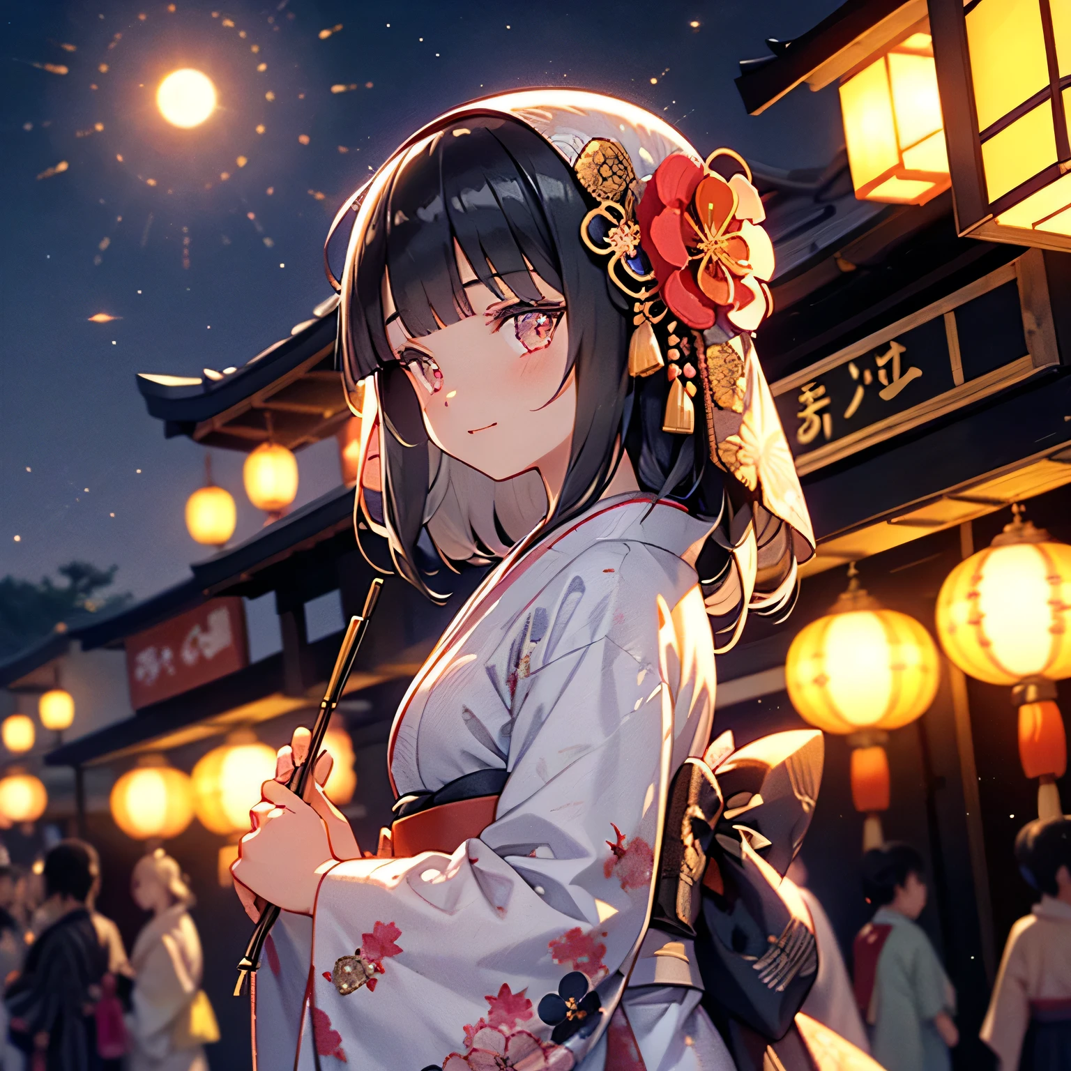 ♥(日本の美しい花柄の着物,yukata),((1人の女の子,かわいい,若い,セミロングの美しい黒髪,鈍い前髪,双子の物語,美しい目)),(一人で),((傑作, 最高解像度,最高品質)), (美しいイラスト),(日本の美しい花柄の着物,yukata), (視聴者を見て), 無邪気な笑顔,映画照明,日本の祭り,ストール,花火,夜空,満月,流れ星,