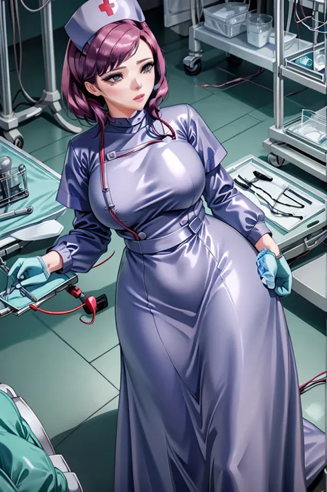 nurse uniform,hospital, latex nurse suit,nurses,busty,elbow gloves,labcoat,black hair woman,red eyes , gigantic ,medical instrum...