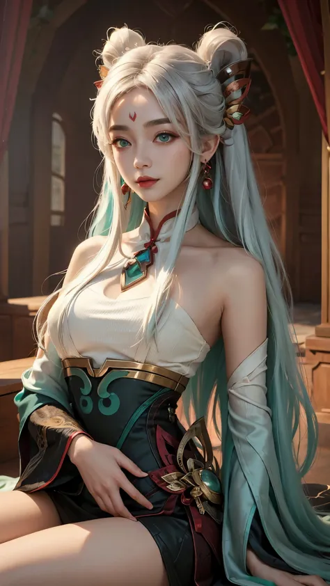 (masterpiece, best quality:1.2), intricate details, mythmaker irelia, 1girl, hair ornament, hair rings, bare shoulders, dress, d...