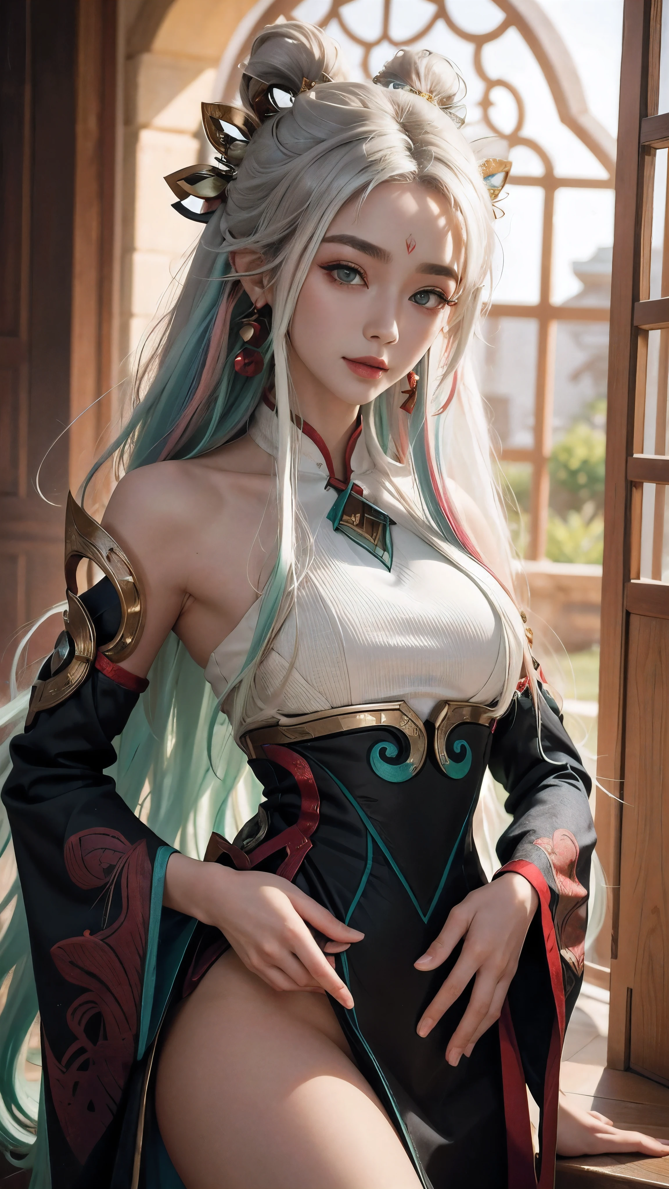 (masterpiece, best quality:1.2), intricate details, mythmaker irelia, 1girl, hair ornament, hair rings, bare shoulders, dress, detached sleeves, forehead mark, multicolored hair, white hair, earrings, green eyes, textured skin, looking at viewer, solo, light smile, (mature female:1.2)