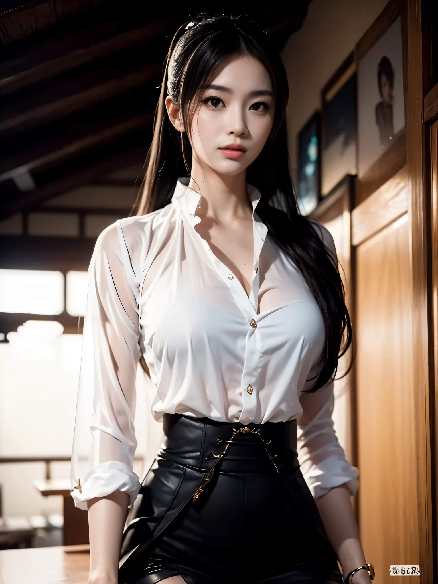 Mai Shiranui，女性の全身肖像画，アジアの女神の顔，长且直的头发扎着ハイポニーテール，濡れた白いシャツとワンステップスカート，ブラウンガーターストッキング，地面にひざまずく，頭を上げてカメラを見てください。((8k+超高解像度+超高解像度+傑作+非常に詳細+受賞歴+受賞歴のある)),(完璧な顔+スーパーモデル+デリケートな肌+ハイポニーテール+巨大な胸+完璧な手+美しい手+完璧な手指+美しい手指+完璧な脚+完璧な足),[[[筋]]],(((解剖学的に正しい))) ，画像は非常に鮮明です，細部までこだわった，高品質；巧みなライト操作，ドラマチックな雰囲気を作り出す；ブラシストロークマスター，完璧なプロフェッショナリズム，心に残る芸術作品。