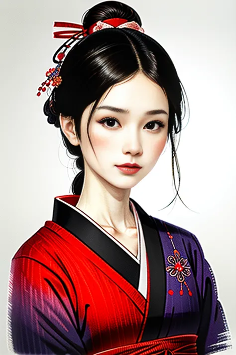 Ukiyo-e style、Beautiful Japanese Woman、Utamaro、Sharaku、Detailed face、Beautiful Eyes、Elegant kimono、Intricate floral pattern、Deli...