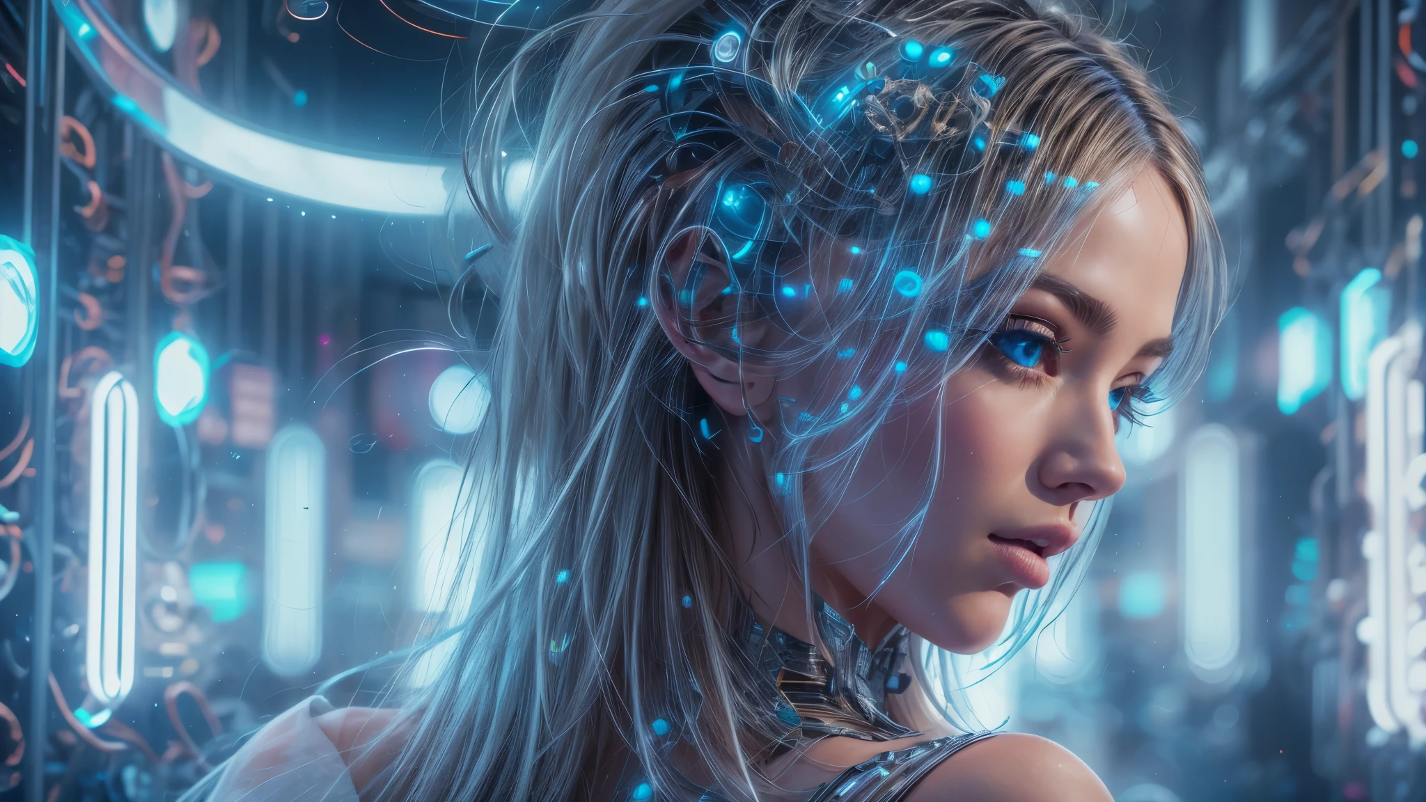 A beautiful futuristic cybernetic girl with hair with strands of neural networks, Futurism, UHD, super detail, best quality, 8k  