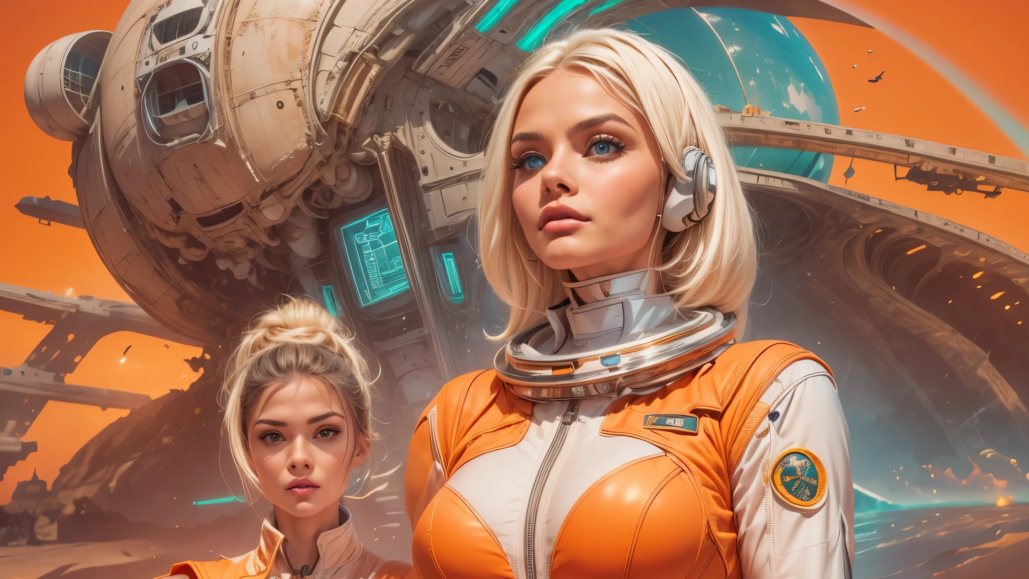 arafed image of a white woman in a futuristic suit with a spaceship in the background, movie art, in front of an orange background, inspired by Robert McGinnis, female protagonist, megastructure in the background, portrait of an ai astronaut, astronauts, an astronaut, portrait of a astronaut skeletor, perfect android girl, detailed eyes, perfectly detailed teeth, frank franzzeta and sakimichan  