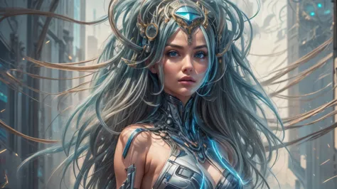 a beautiful futuristic cybernetic girl with hair with strands of neural networks, full body, futurism, uhd, super detail, best q...