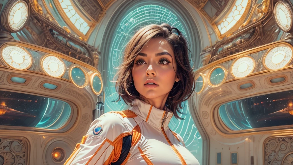 arafed image of a white woman in a futuristic suit with a spaceship in the background, movie art, in front of an orange background, inspired by Robert McGinnis, female protagonist, megastructure in the background, portrait of an ai astronaut, astronauts, an astronaut, portrait of a astronaut skeletor, perfect android girl, detailed eyes, perfectly detailed teeth, frank franzzeta and sakimichan  