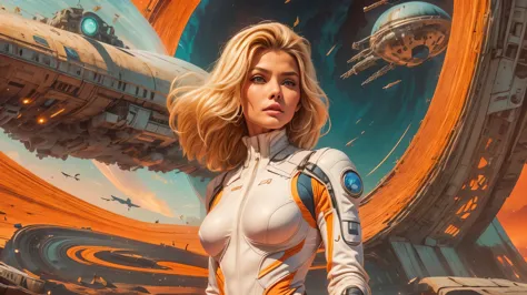 arafed image of a white woman in a futuristic suit with a spaceship in the background, movie art, in front of an orange backgrou...