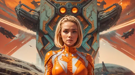 arafed image of a white woman in a futuristic suit with a spaceship in the background, movie art, in front of an orange backgrou...