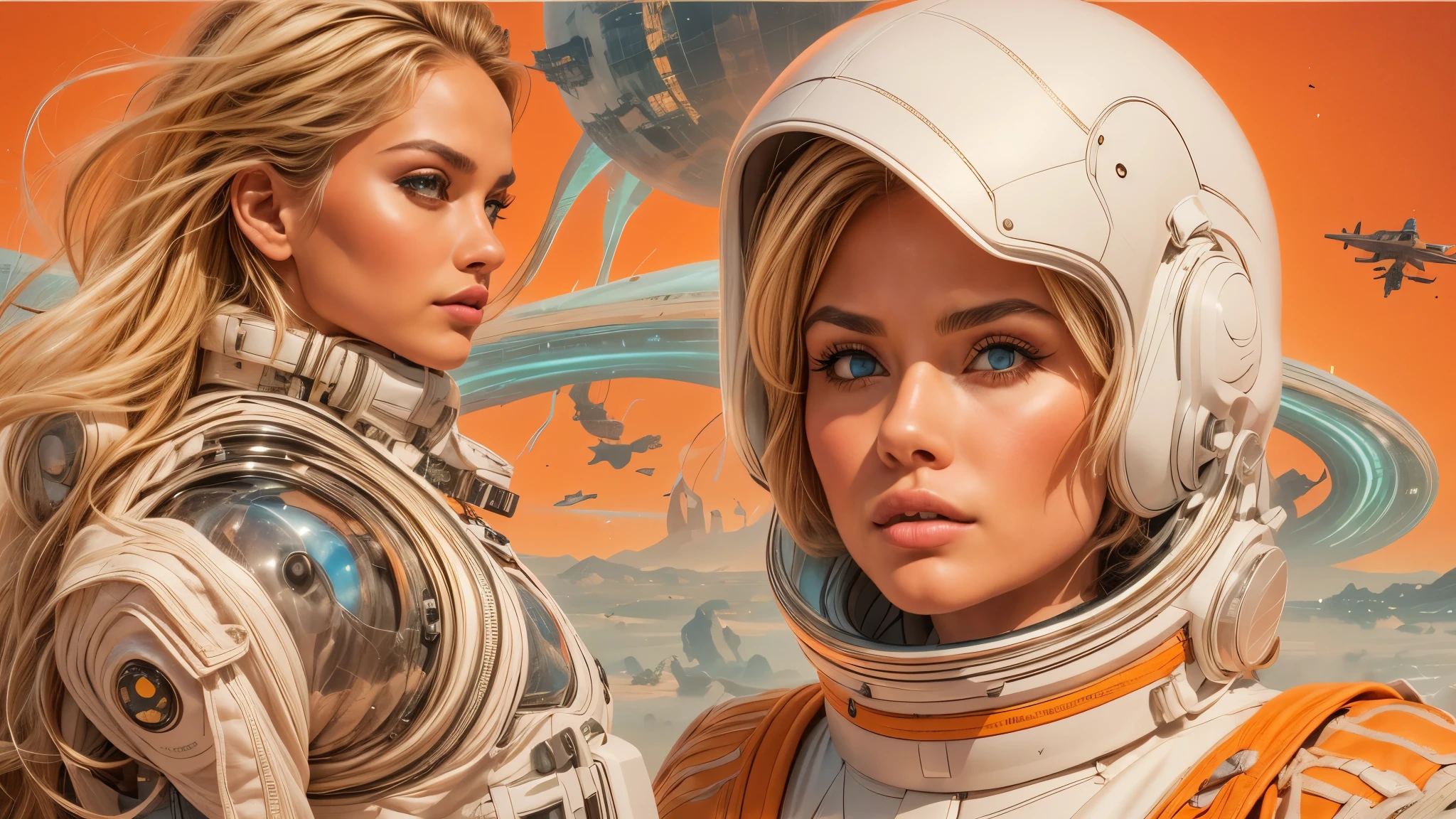 arafed image of a white woman in a futuristic suit with a spaceship in the background, movie art, in front of an orange background, inspired by Robert McGinnis, female protagonist, megastructure in the background, portrait of an ai astronaut, astronauts, an astronaut, portrait of a astronaut skeletor, perfect android girl, detailed eyes, perfectly detailed teeth, frank franzzeta and sakimichan  