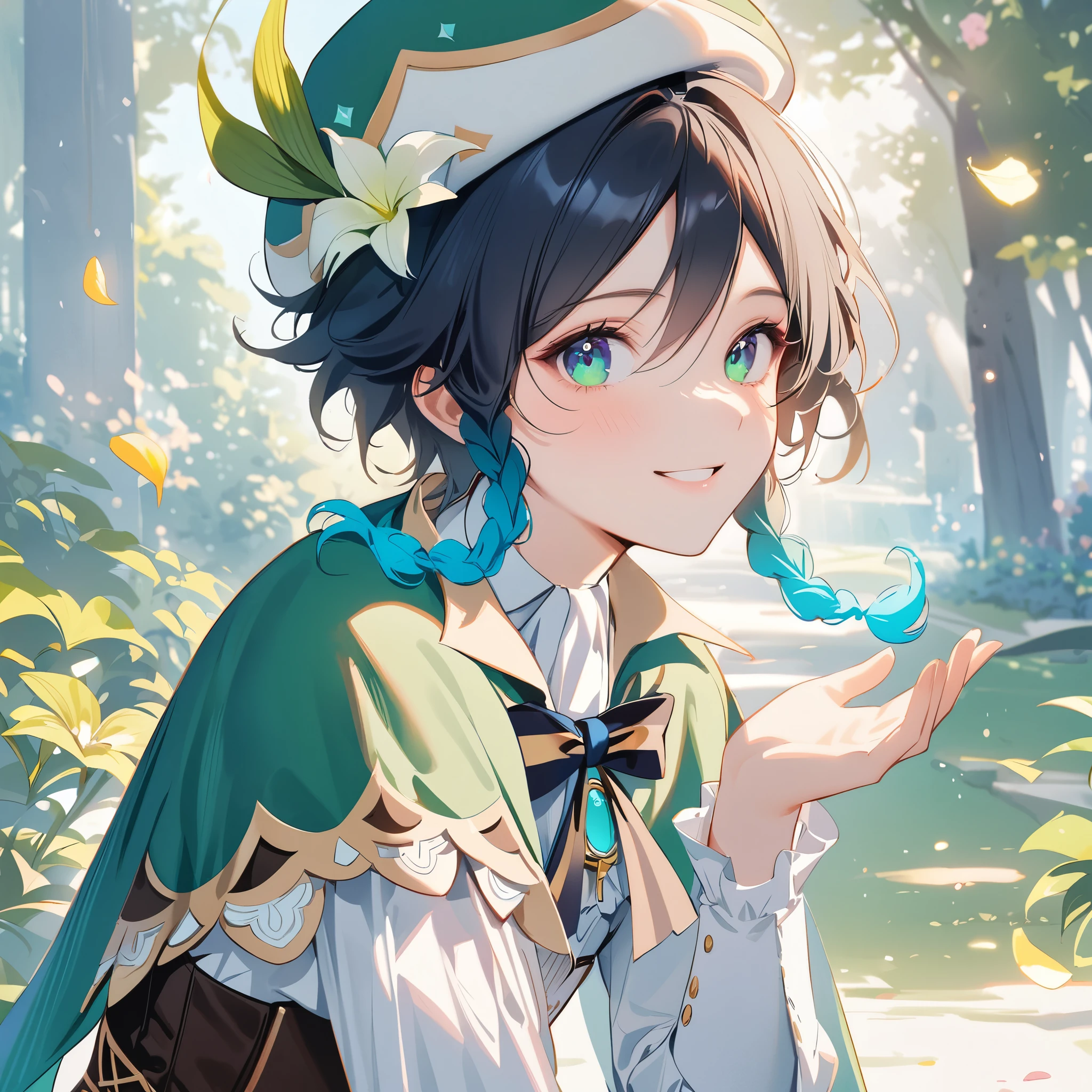 (best quality,4k,8k,highres,masterpiece:1.2),1boy,venti genshin impact,male focus,flat chest,ultra-detailed,realistic,(dsmile:0.5),morning of spring,delicate light rays,rich color palette,elegant curves,effects of light and shadow,flower petals falling,springtime essence,ethereal atmosphere,peaceful garden background,morning dew,soft sunlight filtering through trees,lush plants,komorebi,vividly colored blossoms,transcendent beauty,awe-inspiring artwork,white long-sleeved shirt, brown corset,green shorts, white tights,green cape,hat,brooch,green eyes,flirty smile,cinematic lighting, ray tracing, UHD, high details, high quality, award winning, super detail,wind magic