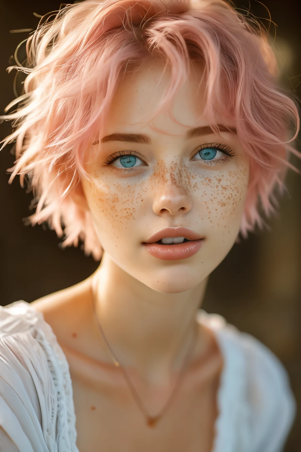 bellissima,  1girl, solo, short hair, blue eyes, pink hair, red hair, parted lips, teeth, blurry, lips, blurry background, messy hair, cowboy shot, freckles, realistic