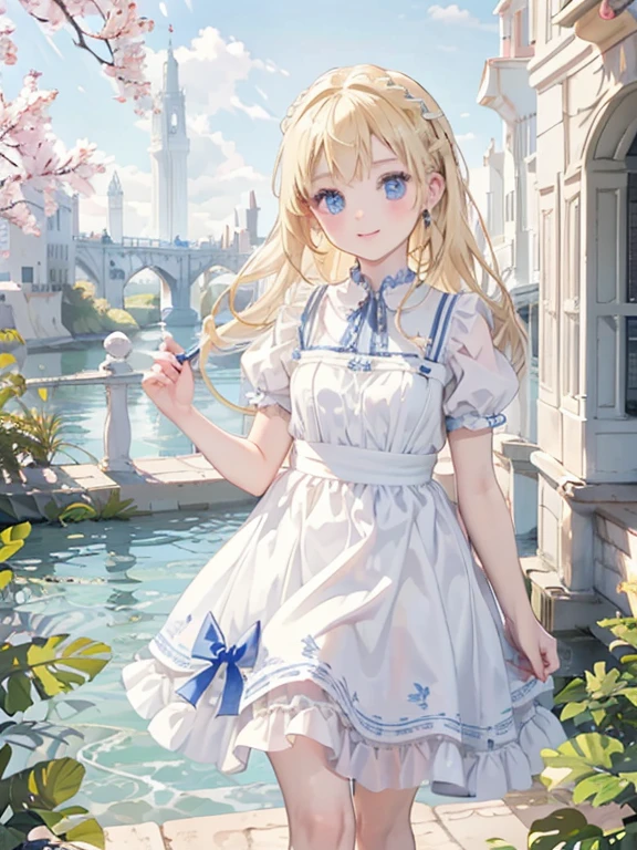 masterpiece, highest quality, Very detailed, 16k, Ultra-high resolution, 8-year-old girl, Detailed face, Perfect Fingers, blue eyes, blonde, Braiding, Blue Apron Dress, Dreamscape, Riverside, Walk along the riverbank