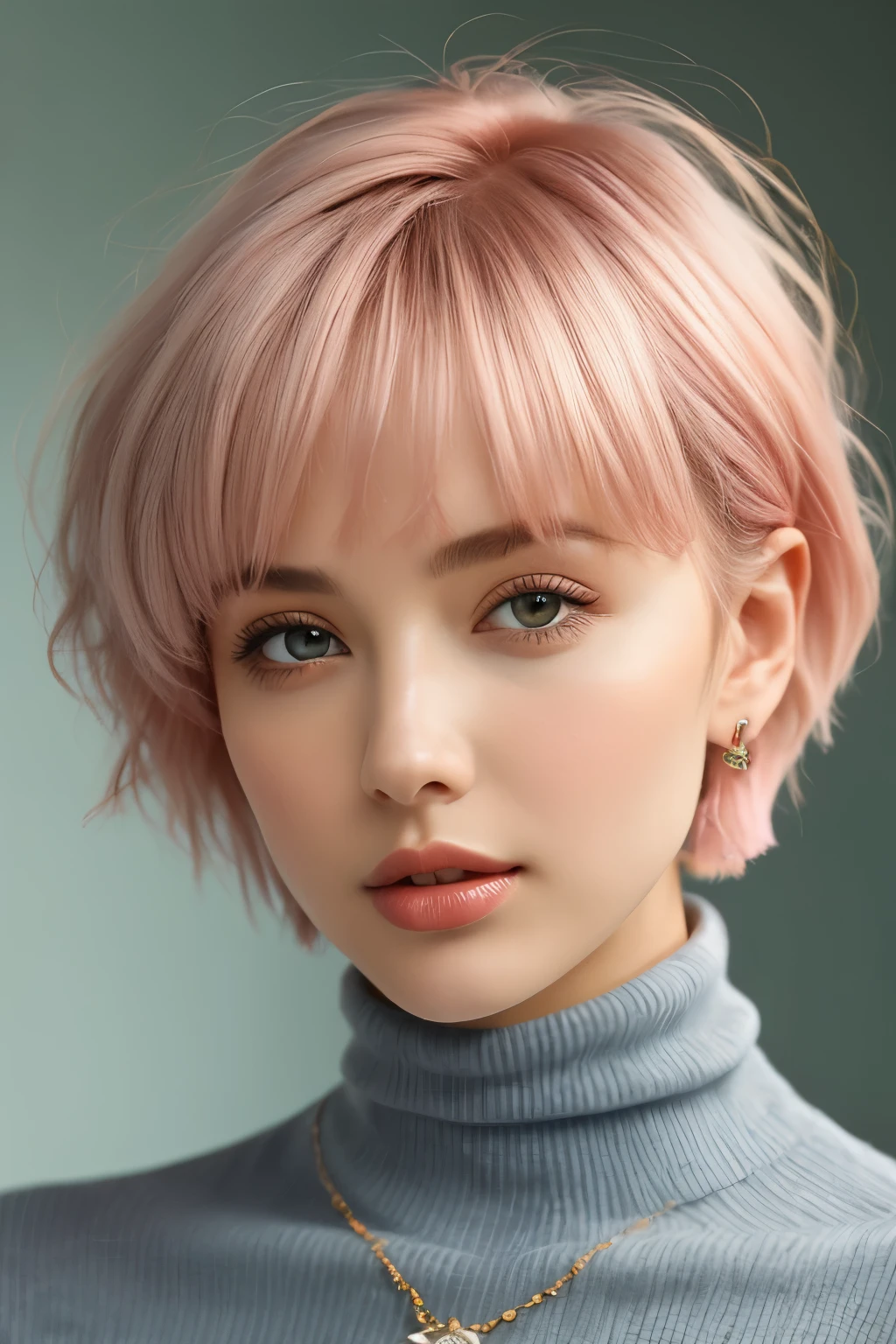 bellissima,  1girl, solo, short hair, bangs, simple background, jewelry, pink hair, parted lips, teeth, grey background, necklace, lips, eyelashes, turtleneck, looking up, portrait, realistic, nose