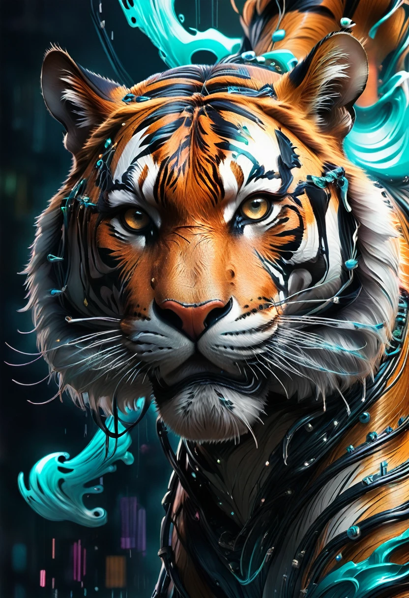 Retrato dinâmico e detalhado de um tigre em estilo cyberpunk