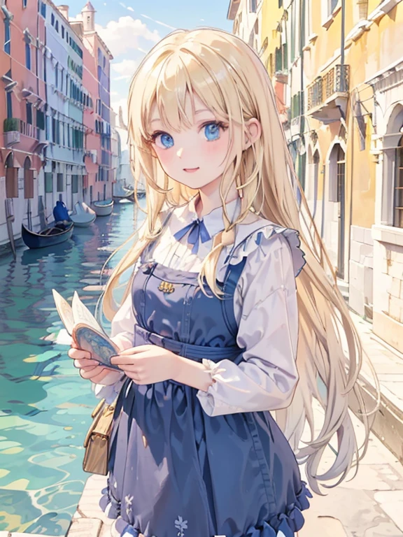 masterpiece, highest quality, Very detailed, 16k, Ultra-high resolution, 8-year-old girl, Detailed face, Perfect Fingers, blue eyes, Blonde, Long Hair, Blue Apron Dress, Dreamscape, Venice cityscape, Waterway, gondola, gondolaに乗る