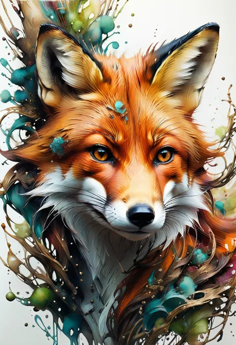 A dynamic and detailed portrait of a fox, in the style of Carne Griffiths and Vadim Kashin
