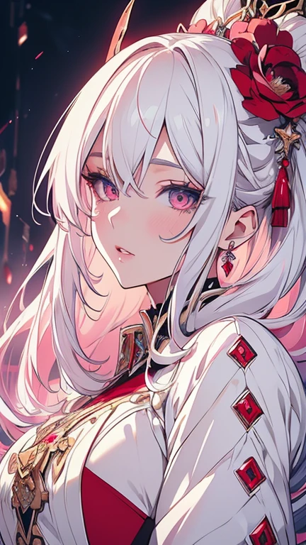 beautiful detailed eyes, beautiful detailed lips, extremely detailed eyes and face, longeyelashes, 1girl, white hair, anime style, hyper realistic, high quality, 8k, masterpiece, photorealistic, studio lighting, vivid colors, intricate details, elegant pose, soft lighting, cool color palette, cute and hot. White and pink, red . 