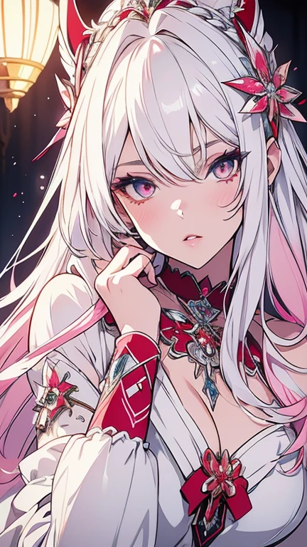 beautiful detailed eyes, beautiful detailed lips, extremely detailed eyes and face, longeyelashes, 1girl, white hair, anime style, hyper realistic, high quality, 8k, masterpiece, photorealistic, studio lighting, vivid colors, intricate details, elegant pose, soft lighting, cool color palette, cute and hot. White and pink, red . 