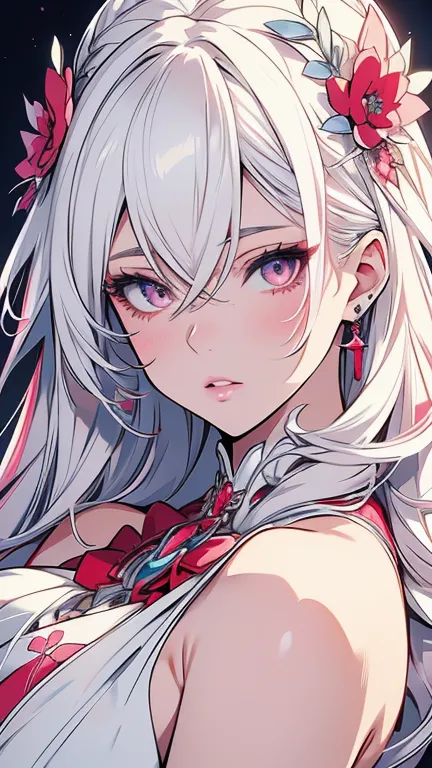 beautiful detailed eyes, beautiful detailed lips, extremely detailed eyes and face, longeyelashes, 1girl, white hair, anime styl...