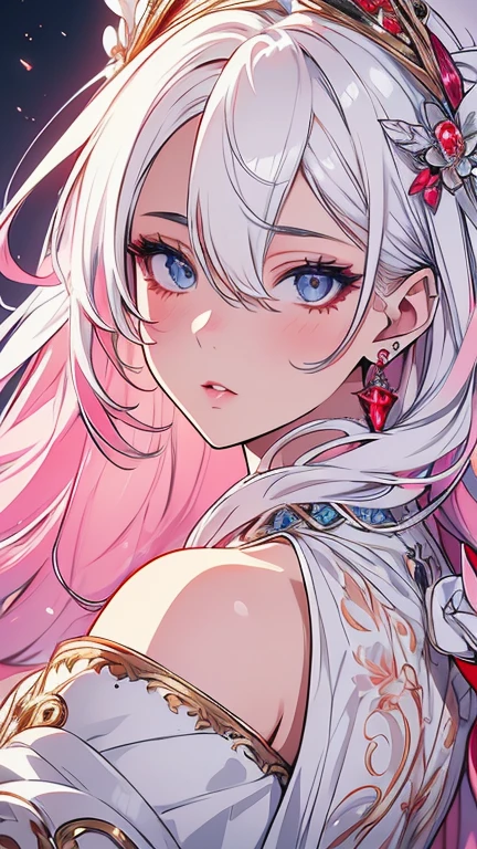 beautiful detailed eyes, beautiful detailed lips, extremely detailed eyes and face, longeyelashes, 1girl, white hair, anime style, hyper realistic, high quality, 8k, masterpiece, photorealistic, studio lighting, vivid colors, intricate details, elegant pose, soft lighting, cool color palette, cute and hot. White and pink, red . 