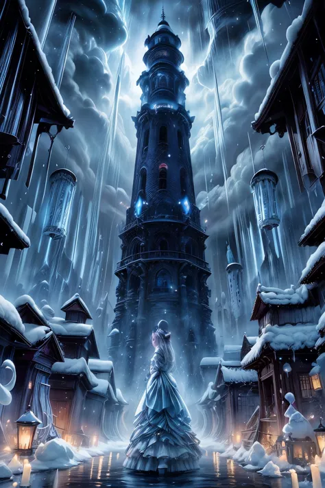 tall dark tower at the ends of the universe with a small frail Japanese school girl standing in front of a great tower contain w...