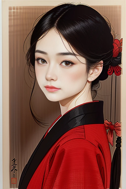 Ukiyo-e、woodblock print、woodblock print、colorful inkpainting、Beautiful Japanese Woman、Utamaro、Detailed face、Beautiful Eyes、Elegant kimono、Intricate floral pattern、Delicate skin、Natural light、A calming color palette、Soft Focuasterpiece