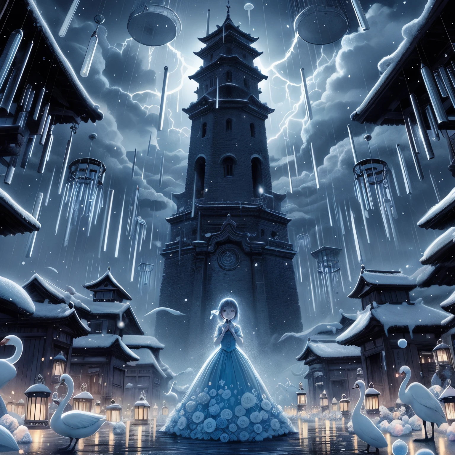 tall dark tower at the ends of the universe with a small frail Japanese school girl standing in front of a great tower contain windchimes and lightning, very dark art style, nighttime, gray stormy amanous skies, lanterns and candles all around like a scary graveyard, light pink winter queen Swedish beautiful lady wearing a baby blue gaussian gown made of snowflakes, swans, lakes, doves castles, cold, frosty, frost, fantasy, bubbles, cotton, bows, buttons, sunny blue skies, dark red roses, ribbons, full body shot, medium shot, from crown above her head to the bottoms of her shoes,