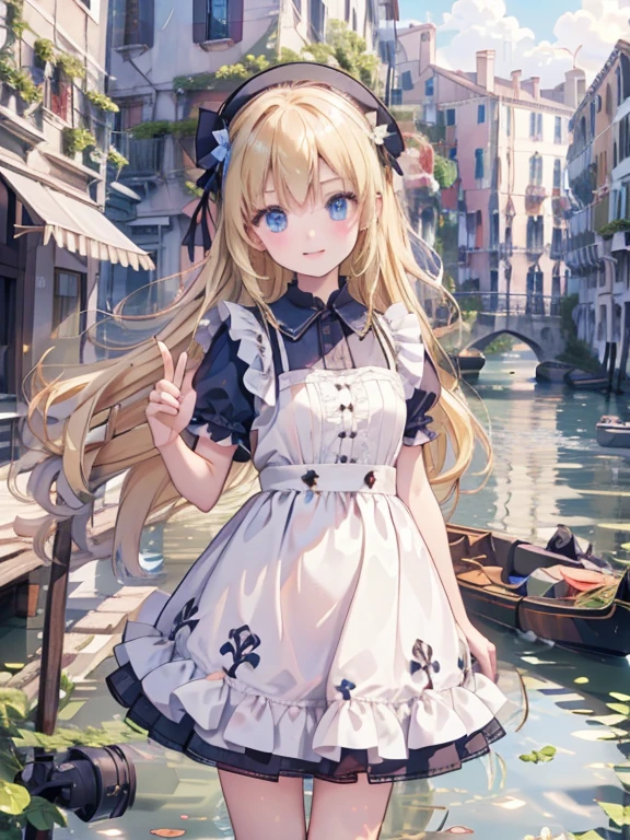 obra maestra, de la máxima calidad, Muy detallado, 16k, Resolución ultraalta,  chica, cara detallada, Dedos perfectos, blue eyes, rubio, pelo largo, Vestido delantal azul, S_ambiente 4po, Paisaje urbano de Venecia, canal, canalにゴンドラが浮かぶ, Una niña viaja en una góndola