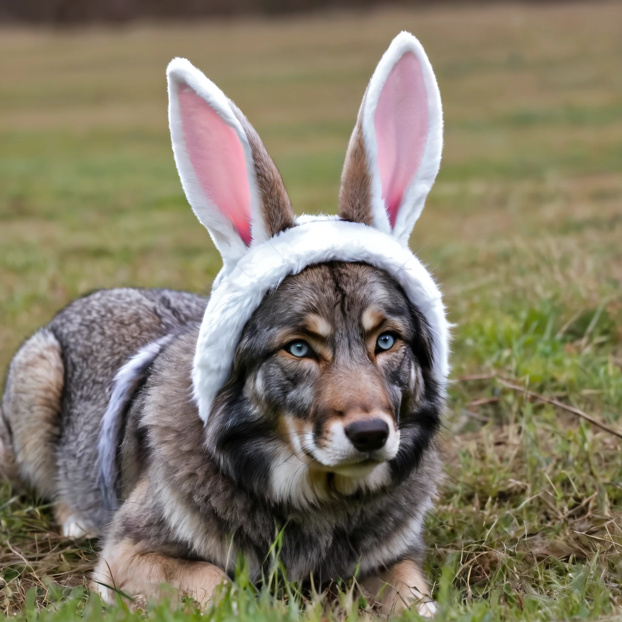 (bunny ear),The little rabbit looked out from the cat's eye, and a burly big gray wolf appeared in the field of vision. It had prominent pink and white rabbit ears on its head, which formed a sharp contrast with its dark gray fur and fierce eyes, revealing a strange and dangerous atmosphere, Cat's eyes, looking out, big gray wolf, burly body, rabbit ears, conspicuous, pink, white alternating, dark gray, fur, ferocity, eyes, eerie, dangerous, and aura,(masterpiece, best quality:1.2)
