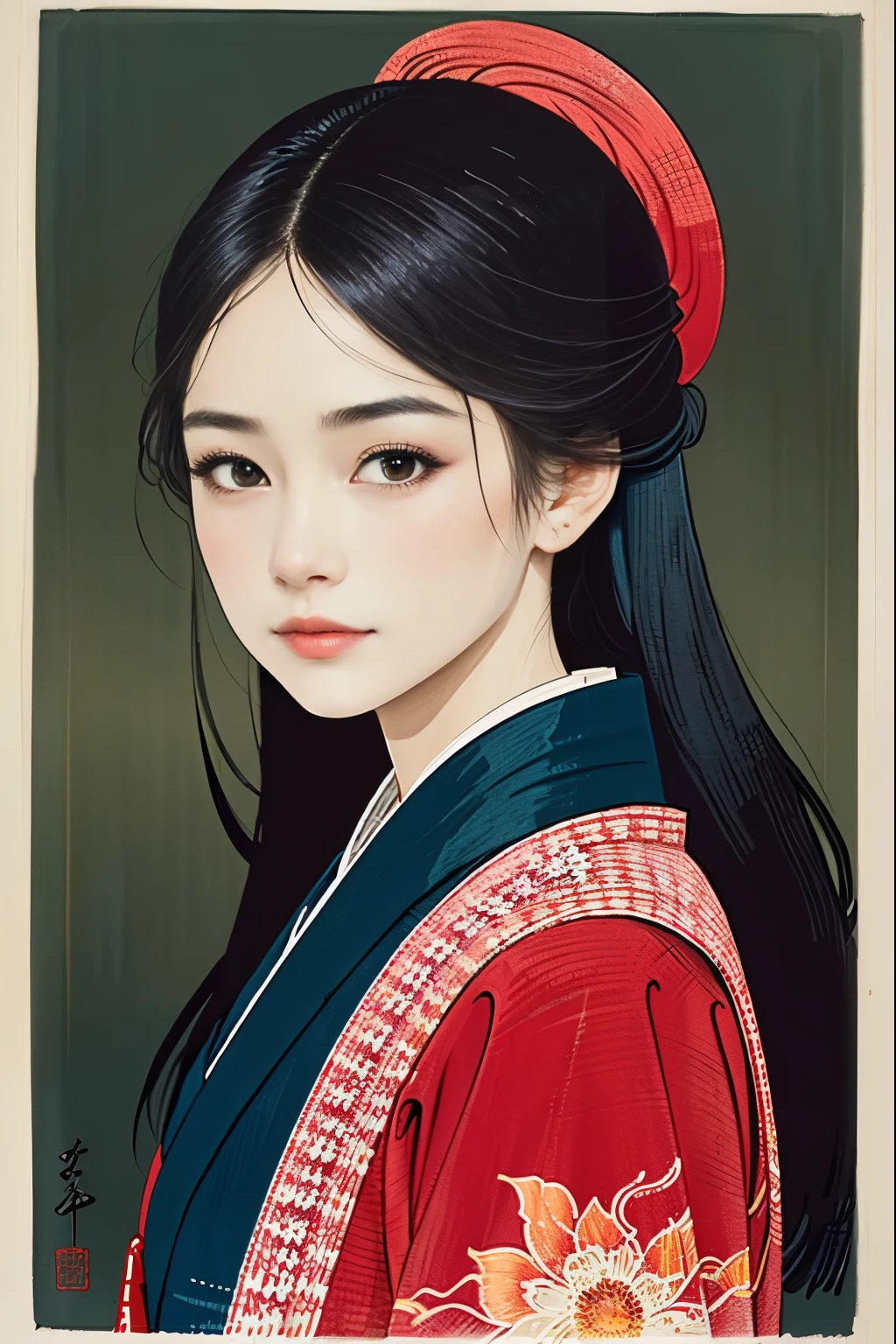 Ukiyo-e:1.9、Utamaro、impressão em xilogravura、impressão em xilogravura、pintura colorida、Mulher bonita、ópera espacial、fantasia de couro acanhada、rosto detalhado、Olhos lindos、quimono elegante、padrão floral intrincado、pele delicada、Luz natural、Uma paleta de cores calmante、Peça de foco suave