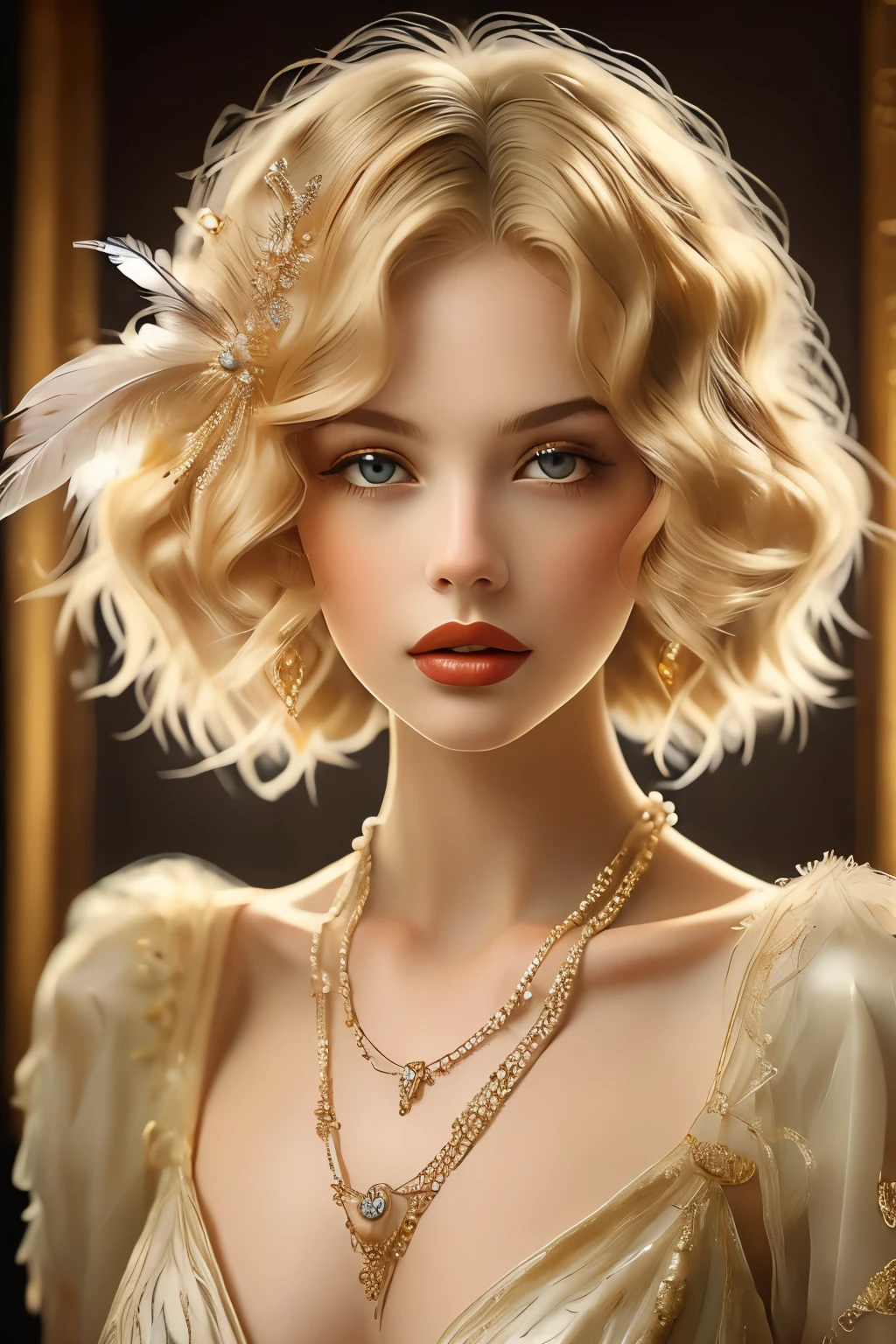 (masterpiece, best quality:1.2),bellissima, realistic, xcharleston style, 1girl, solo, breasts, blue eyes, blonde hair, hair ornament, dress, jewelry, necklace, bracelet, lips, makeup, ring, feathers, lipstick, gem, curly hair, realistic, feather hair ornament, pearl necklace, pearl (gemstone)