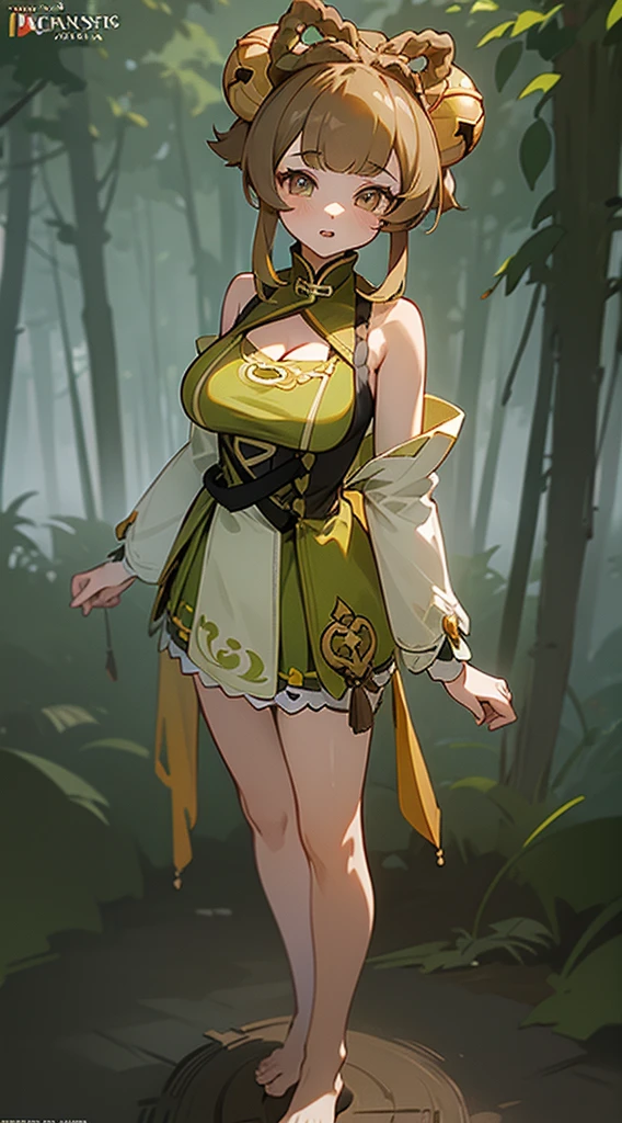 1girl,  ((yaoyaodef)), adult woman, mature, 25 years old, (standing, head tilt ), (((big breast, cleavage))), (Dynamic angle), ((full body)), barefoot, toes, detailed eyes , (best shadow:1) (light brown hair), bell, (colorful:1.2), (extremely detailed CG unity 16k wallpaper:1.1), (masterpiece:1.37), ((official art)), top quality, open back, bare shoulders, intricate green dress, beautiful face, parted lips, (perfect body), proportional , (accidental navel reveal), (foggy forest background:1.3)