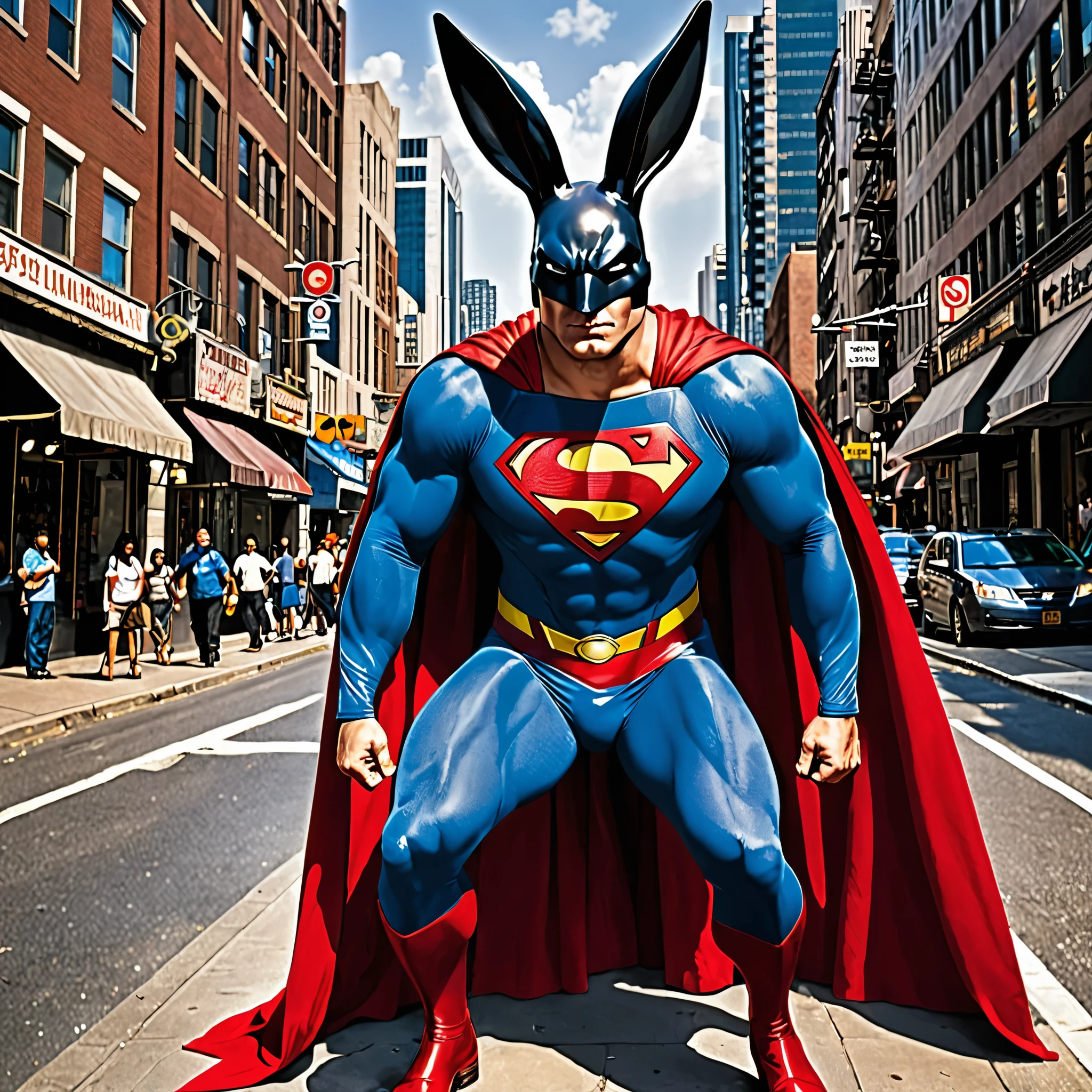 (bunny ear),Superman, the guardian wearing a red cloak, appears in the city today with a special image of wearing rabbit ears. With extraordinary power, he upholds justice and mercilessly punishes criminals. On the street, he quickly subdued the thief who threatened innocent passersby with a knife and warned him to reform. Superman, the guardian of this city, has won people's respect and admiration for his kindness and justice. Superman, Rabbit Ear, presides over justice, punishment, criminals, red cloaks, extraordinary power, city, streets, shadows, thieves, sharp knives, innocent, passersby, uniform, admonition, reform, police, education, young people, patrols, guardians, tall and sacred,(masterpiece, best quality:1.2)