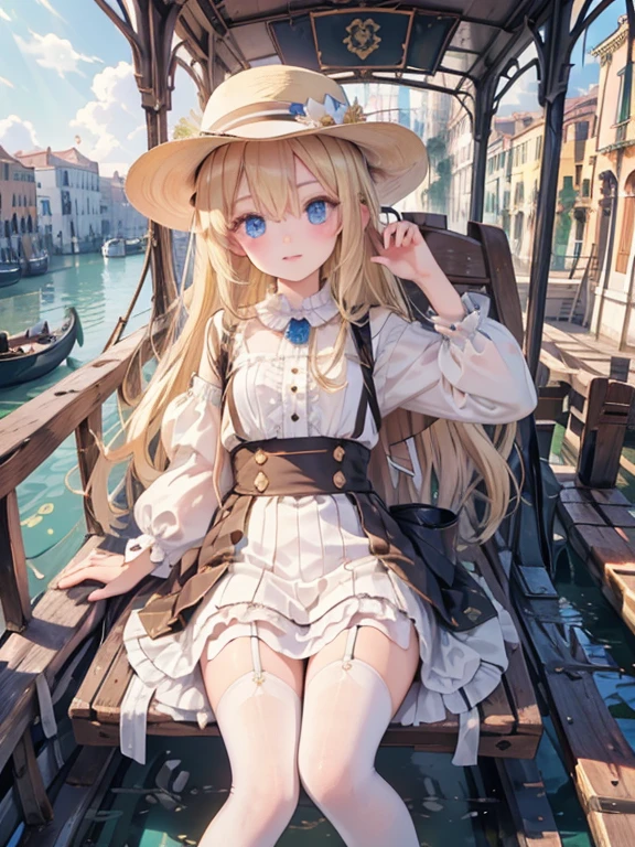 masterpiece, highest quality, Very detailed, 16k, Ultra-high resolution,  girl, Detailed face, Perfect Fingers, blue eyes, Blonde, Long Hair, Wide-brimmed feathered hat, Gorgeous white blouse, Luxurious brooches, flare skirt, White garter belt, White High Knee Socks, Enamel shoes, SZ_4po enviroment, Venice cityscape, Waterway, (Girl rides in a gondola:1.3)