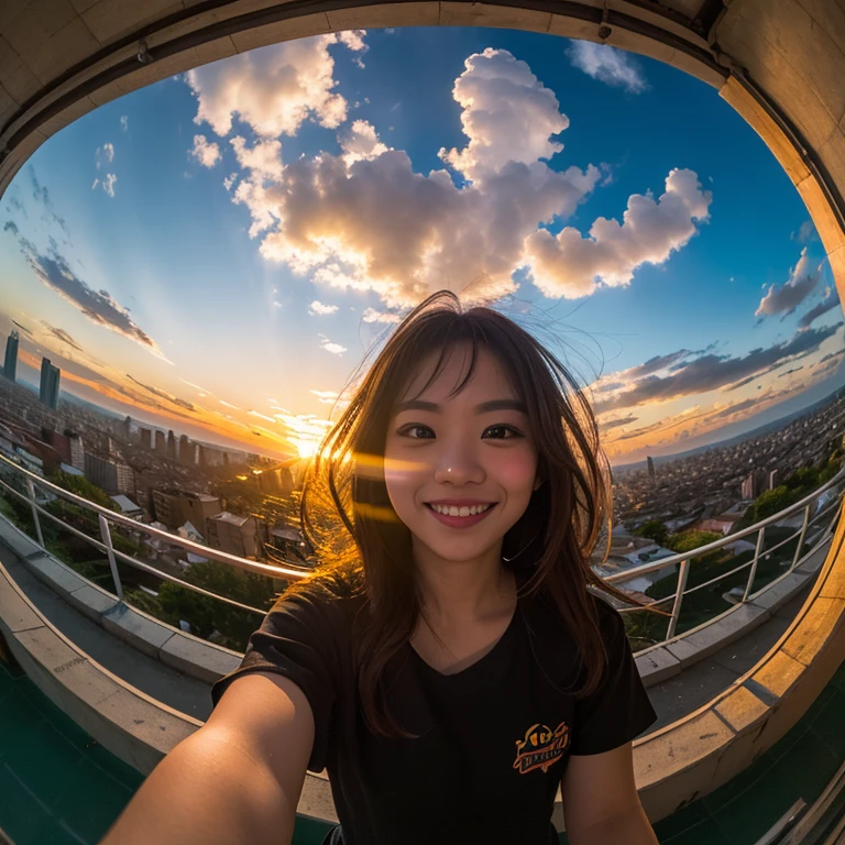 One girl, Fisheye Lens, Selfie, Wind, Messy Hair, sunset, Cityscape, (Aesthetics and atmosphere:1.2),smile