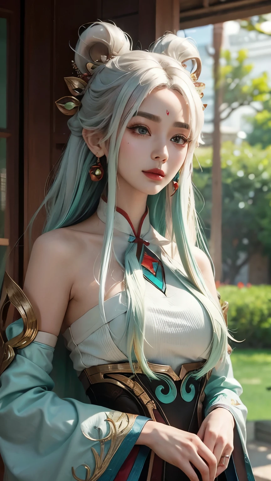 (masterpiece, best quality:1.2), intricate details, mythmaker irelia, 1girl, hair ornament, hair rings, bare shoulders, dress, detached sleeves, forehead mark, multicolored hair, white hair, earrings, green eyes, textured skin, looking at viewer, solo, light smile, (mature female:1.2)