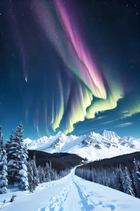 night scene、night、girl、Looking up、mountainilky way、Aurora、Arctic
