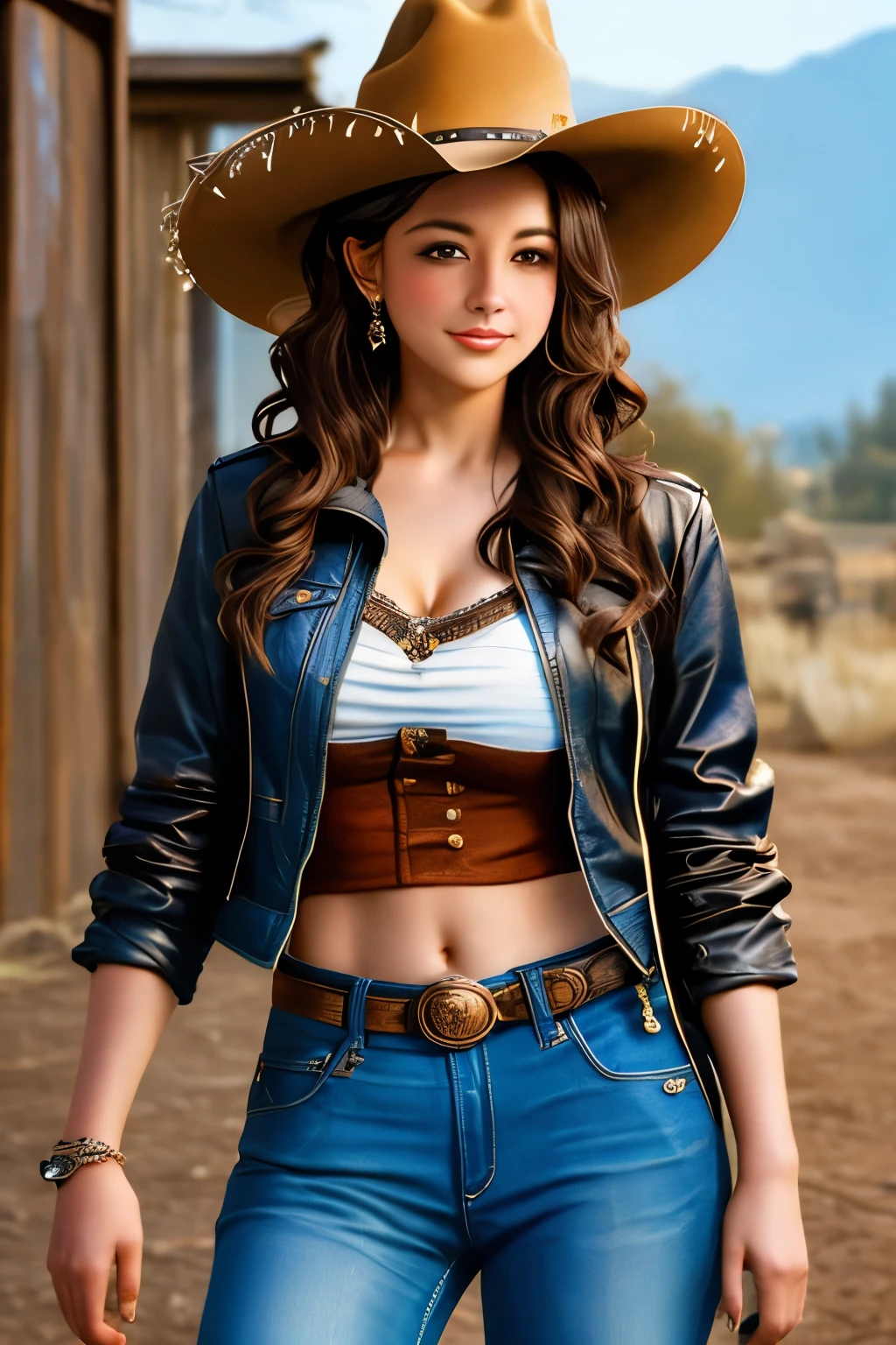 arafed woman in a cowboy hat and leather jacket posing for a picture, a sketch by Eugene Leroy, trending on cgsociety, fine art, cowgirl, western cowgirl, in the old west, beautiful cowboy witch, female cowgirl, cow-girl, old west, post - apocalyptic cowgirl, oldwest, 🤠 using a 🖥, with hat