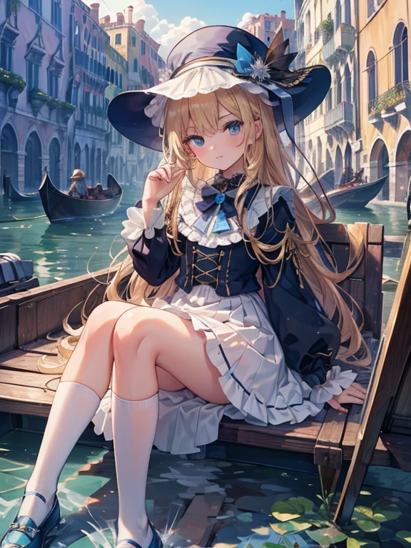 masterpiece, highest quality, Very detailed, 16k, Ultra-high resolution,  girl, Detailed face, Perfect Fingers, blue eyes, Blonde, Long Hair, Wide-brimmed feathered hat, Gorgeous white blouse, Luxurious brooches, flare skirt, White High Knee Socks, Enamel shoes, SZ_4po enviroment, Venice cityscape, Waterway, gondola, Waterwayを歩く