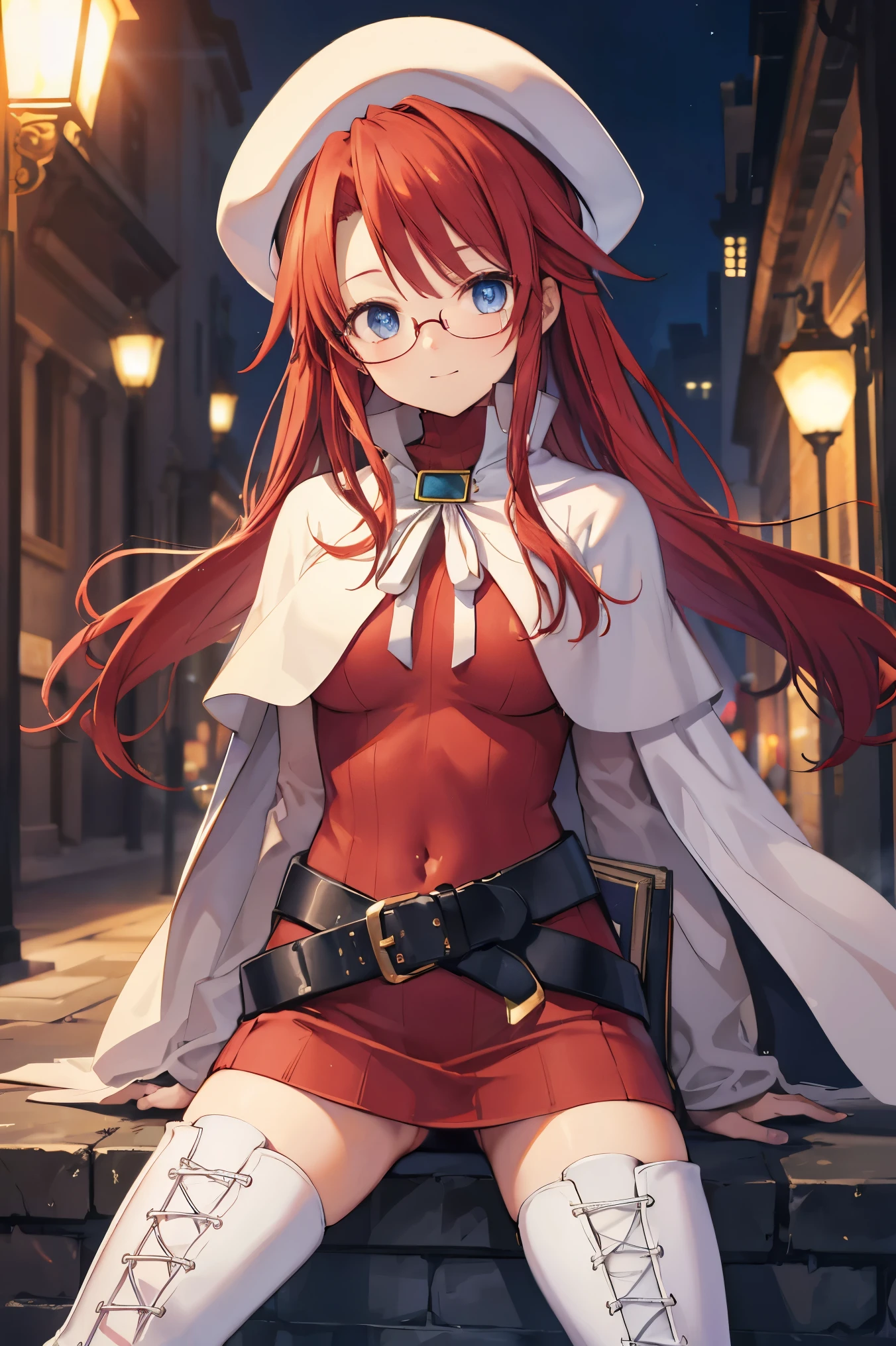 summonnightaty, aty, (young:1.3),long hair, blue eyes, red hair, large_beret, hat, glasses,
BREAK long hair, thighhighs, hat, dress, boots, glasses, belt, cape, sweater, zettai ryouiki, beret, thigh boots, white footwear, ribbed sweater, loose belt,solo,
BREAK outdoors, fantasy,on_cobblestone
,,Highquality_hads,perfect_fingers,
BREAK (masterpiece:1.2), best quality, high resolution, unity 8k wallpaper, (illustration:0.8), (beautiful detailed eyes:1.6), extremely detailed face, perfect lighting, extremely detailed CG, (perfect hands, perfect anatomy),covered_nipples,covered_navel ,half_eyes:,long_sword,armpit,sleepy,dynamic_fighting_pose,barrel,red_sweater,apart_knees,magical_effect,spread_legs, have_a_book,teacher,rise_knee,Smile,rise_hand,