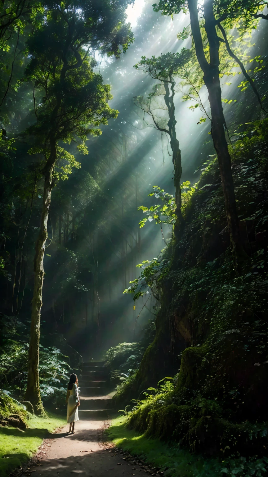 (beste Qualität,4k,8K,hohe Auflösung,Meisterwerk:1.2),extrem detailliert,Praktisch:1.37,Mädchen im Urwald,Anatomisch korrekt,Schön,Tiefenschärfe,Tyndall-Effekt,üppigem Grün,ätherische Atmosphäre,gesprenkeltes Sonnenlicht,Bizarre Pflanzen,Wildblumen,dichtes Laub,alte Bäume,majestätischer Farn,Lebendige, mit Moos bedeckte Felsen,neblig Nebel,dunkle Schatten,friedliche Atmosphäre,mysteriöse Atmosphäre,Mysteriöse Kreaturen, die aus den Schatten blicken,traumhafte Umgebung,Zauberwald,Natur&#39;s Flüstern,subtiler Hauch von Magie,Die Blätter rascheln leise,Magisches Sonnenlicht, das durch die Baumkronen scheint,Zauberreich,Oase der Ruhe,charmante Schönheit,Fusion von Textur und Farbe,herrlich,Stille Ruhe