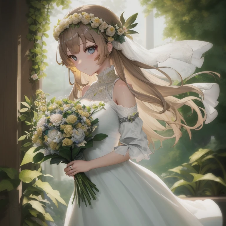 Chica de anime con vestido de novia y ramo de flores, guweiz, guweiz en pixiv artstation, guweiz en artstation pixiv, hermosa doncella, obra de arte al estilo de guweiz, con flores,  en vestido, Lindo anime waifu con un bonito vestido., obra maestra de guweiz, también, hermoso retrato animado